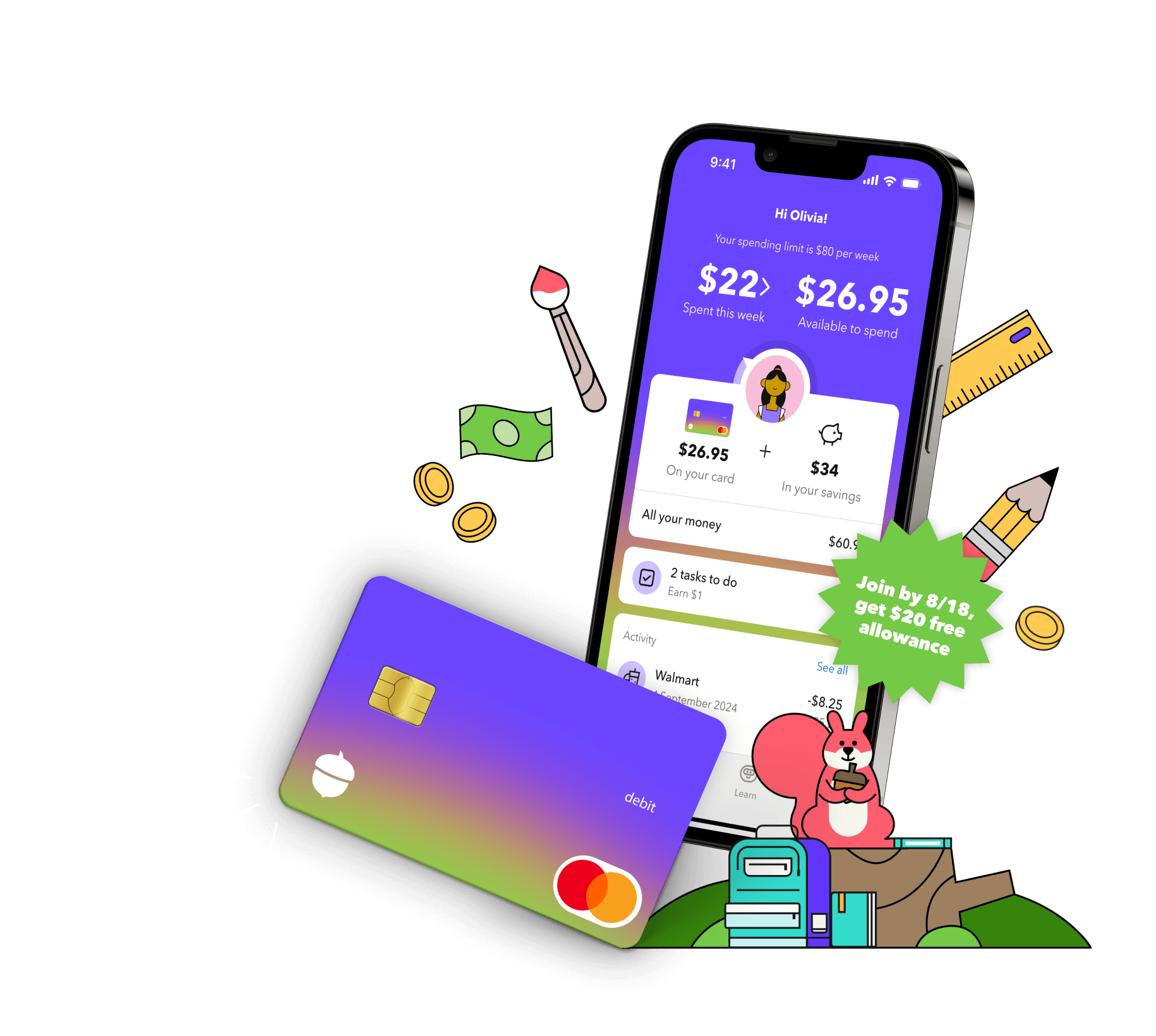 The smart money app and debit card for kids 