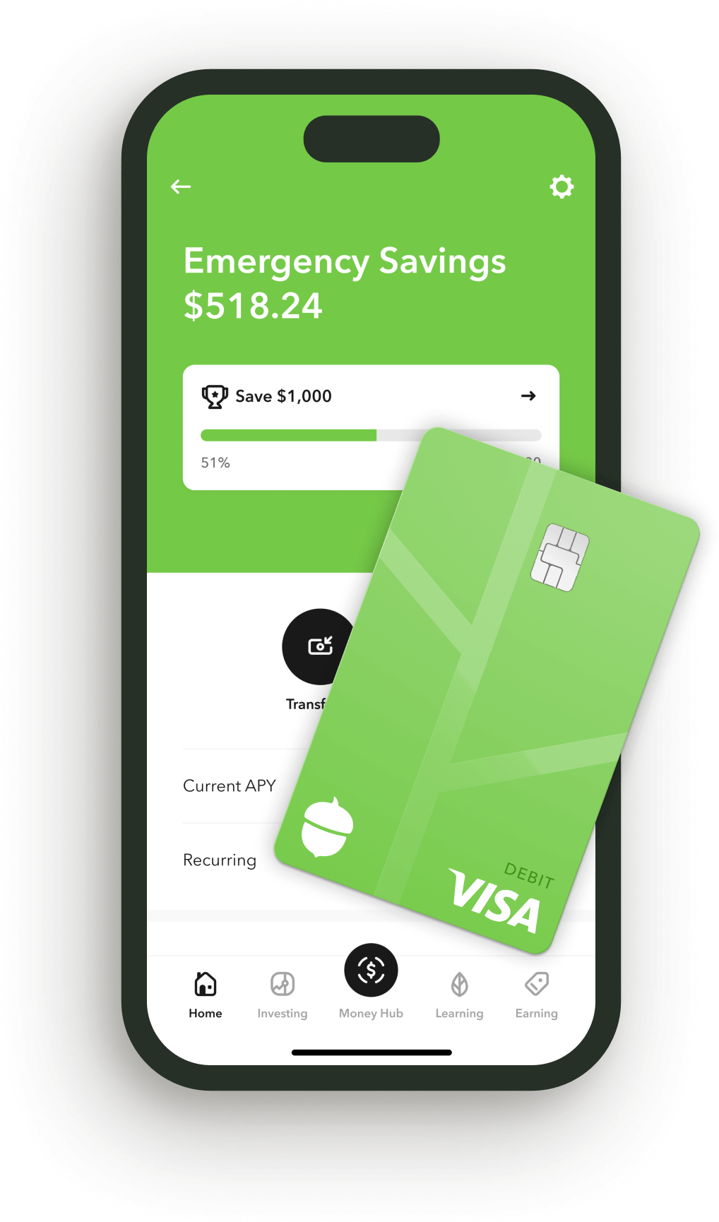 Phone showing Acorns Checking & Emergency Savings