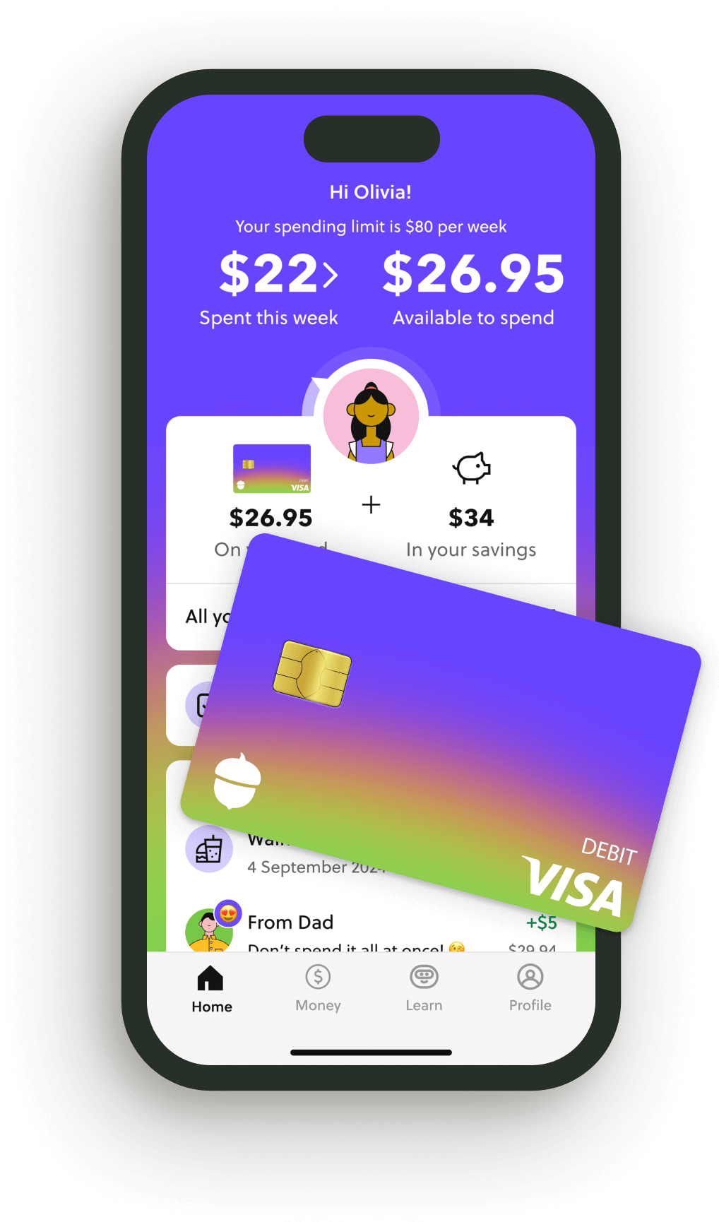 Phone showing Acorns Early app & debit card for kids
