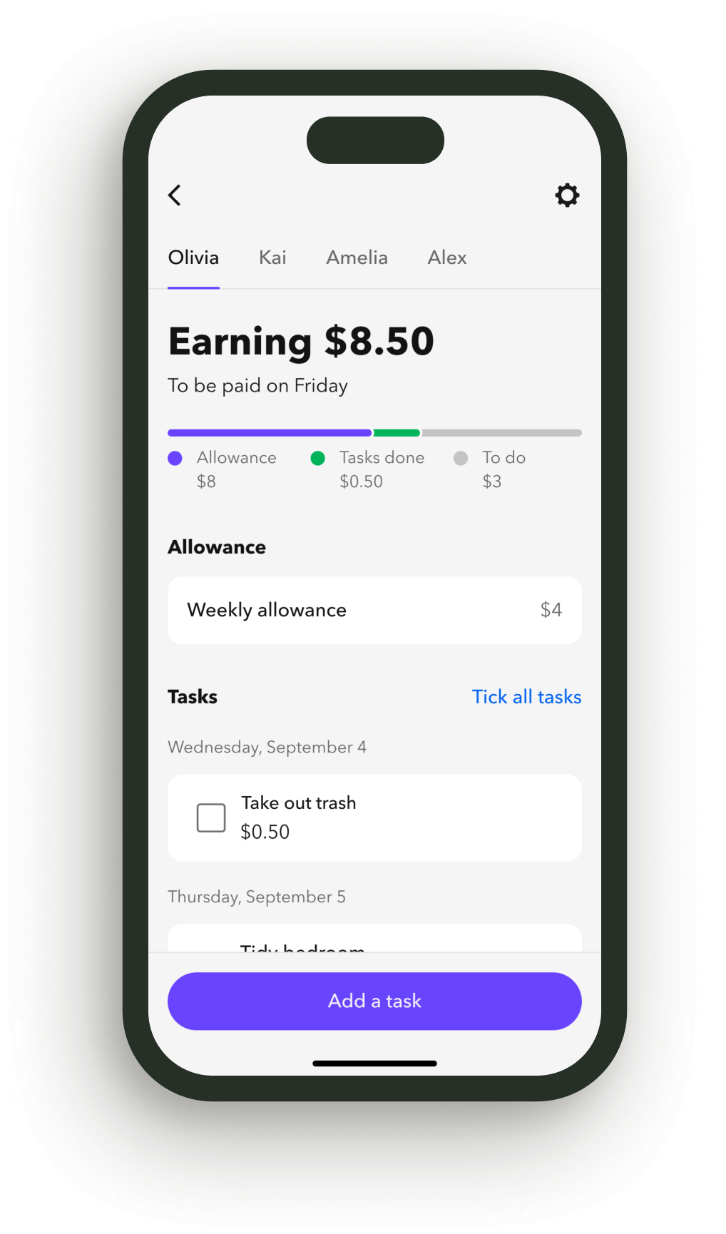 Phone showing Allowance and tasks