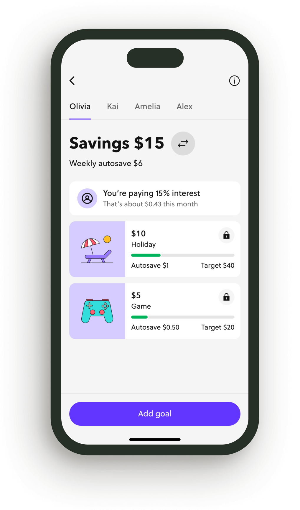 Phone showing Kids’ savings accounts