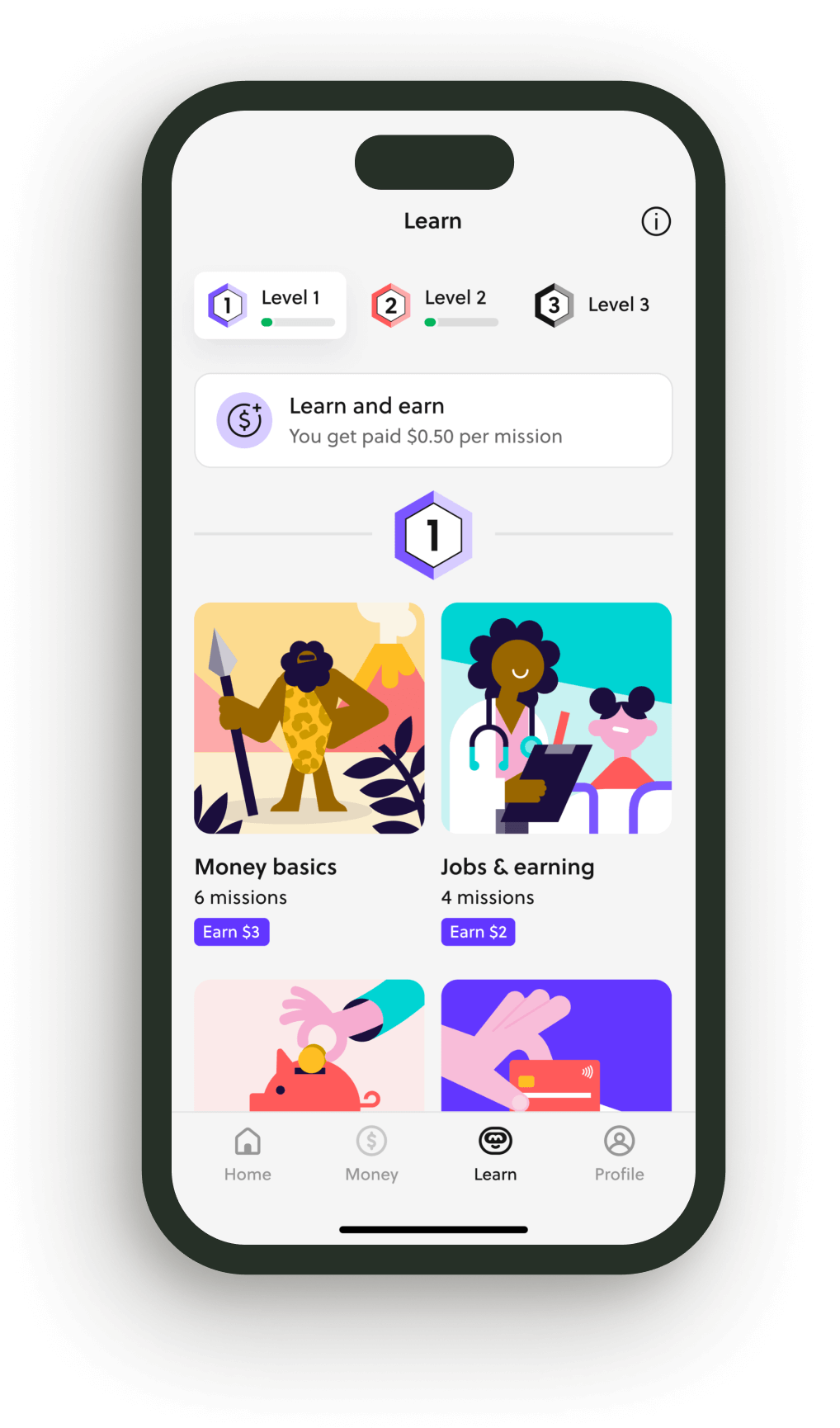 Phone showing Money Missions