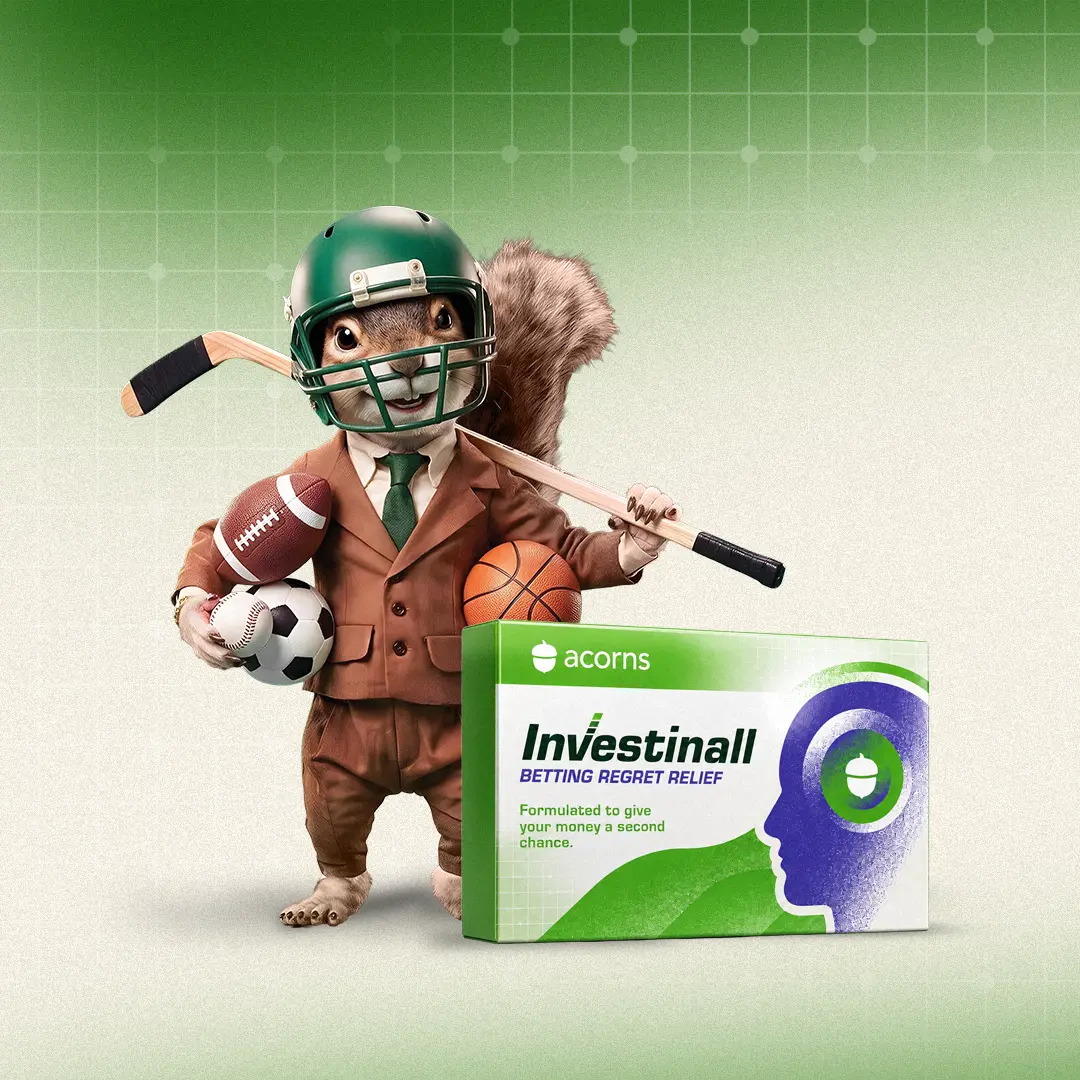 Image of Investinall is Acorns’ parody “remedy” for a losing bet. Submit a lost bet and new customers can get up to $50 as a bonus investment