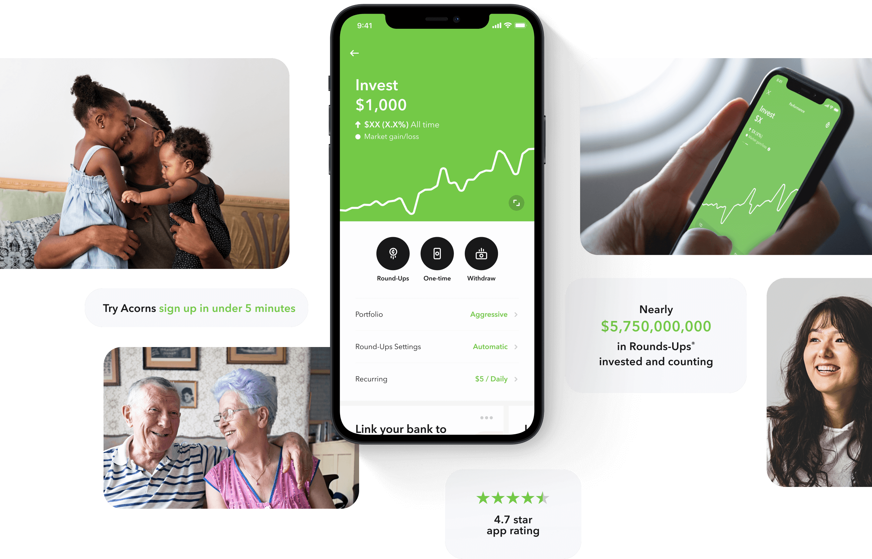 Group of images showing people investing
